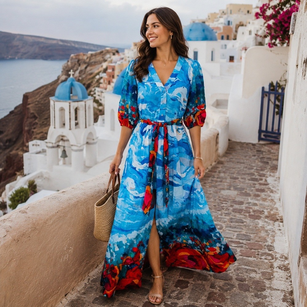 Beautiful Celina Moon Blue Floral Impressionist Maxi Dress Large Travel Resort